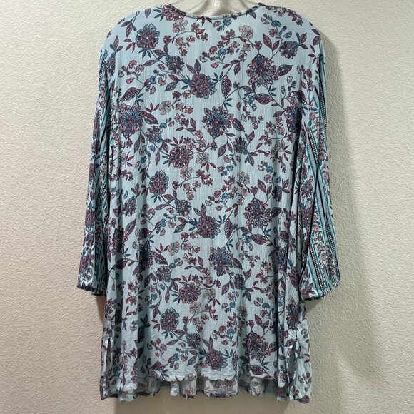 J. JILL Boho Floral Peasant Blouse 3/4 Sleeve Tassel Tie V-Neck, Aqua/Pink - XL - Picture 2 of 11